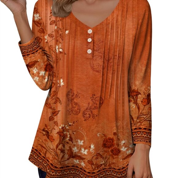 Trendy Women's Long Sleeve Pleated Tunic - Comfortable V-Neck Blouse, Size L - Picture 2 of 4